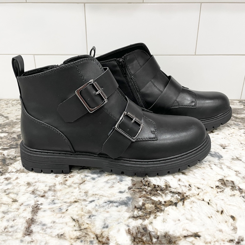 9, 9.5 SO Black with silver buckle faux leather ankle combat booties